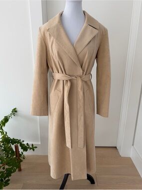 VINTAGE Faux Suede Trench Coat Tie Belt Classic Minimalist Neutral Dressy Chic